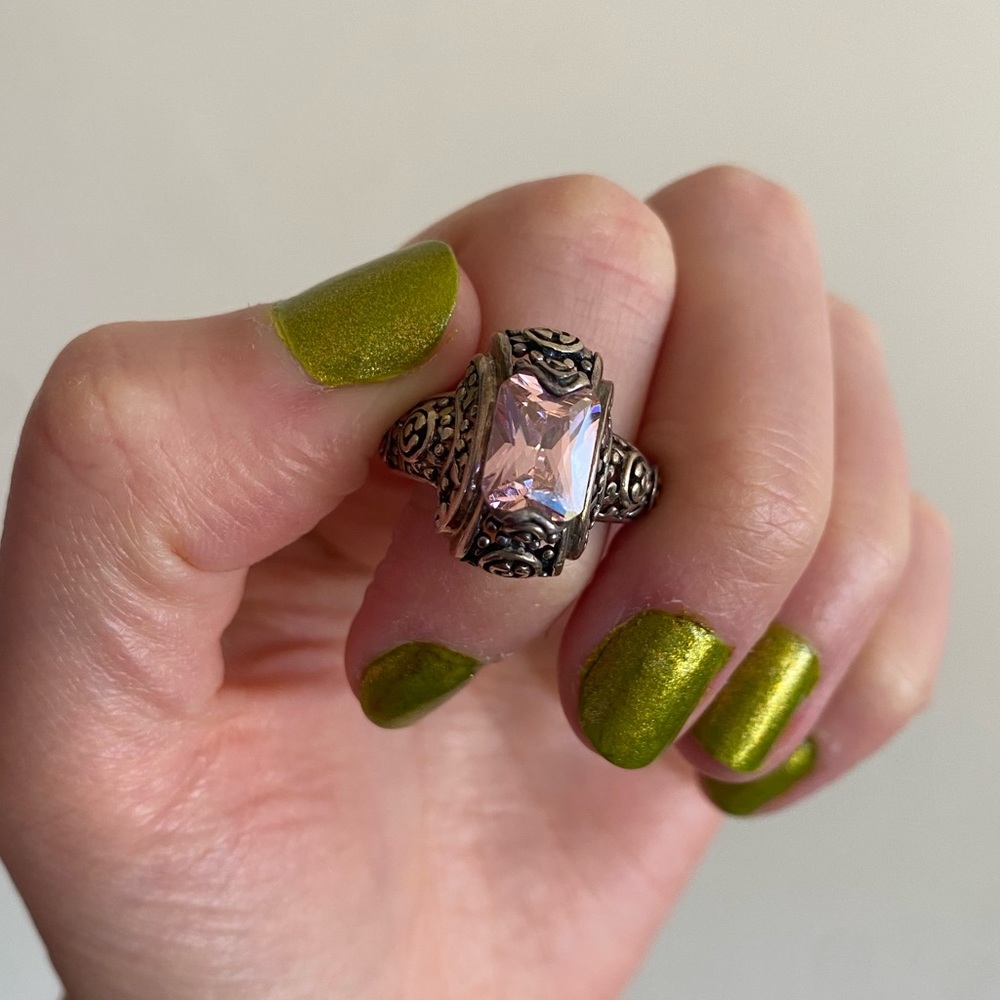 Silver Tone Ornate Band Ring with Light Pink Stone